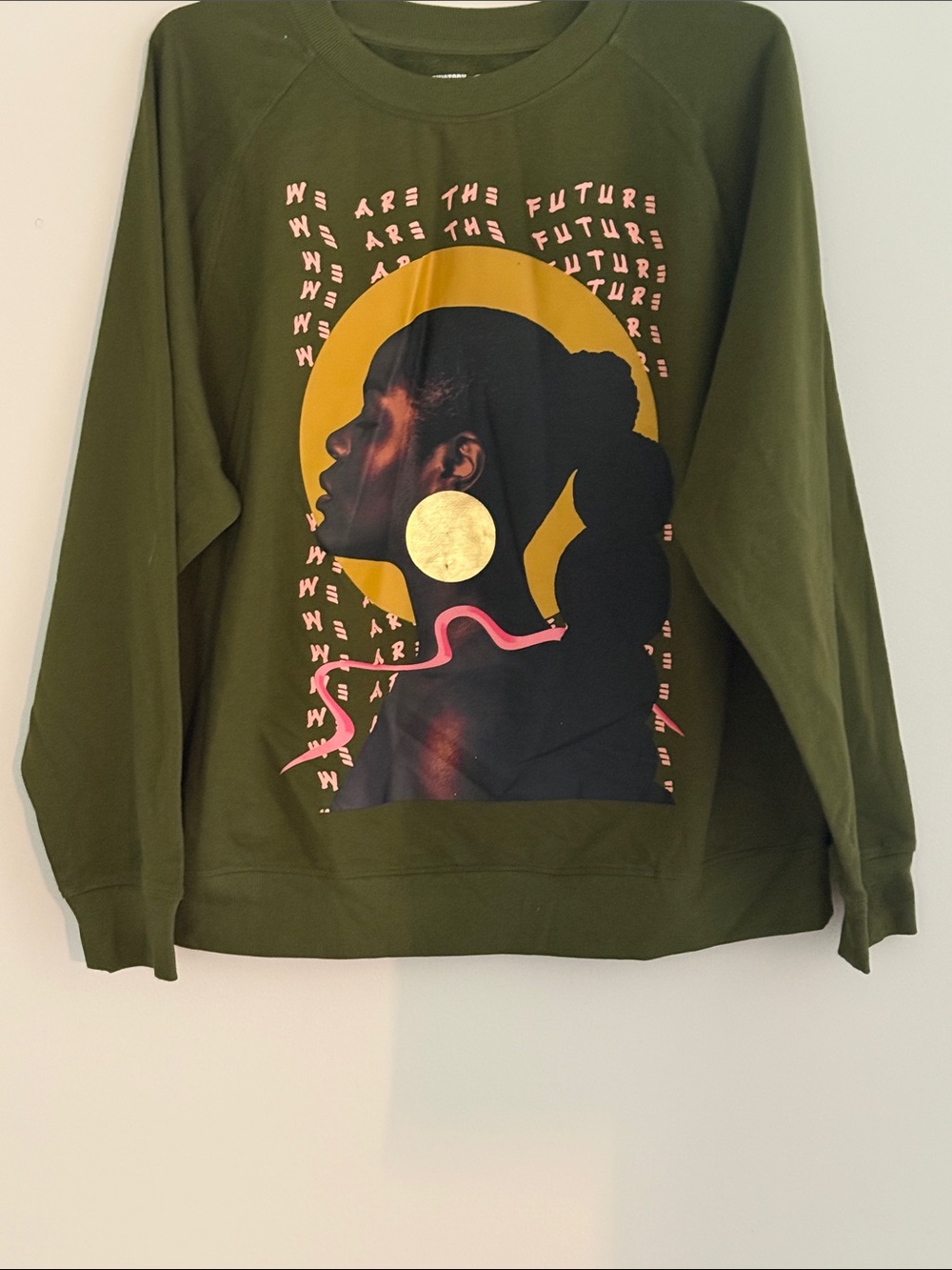 Olive Graphic Crewneck Sweatshirt with Yellow & Pink Print